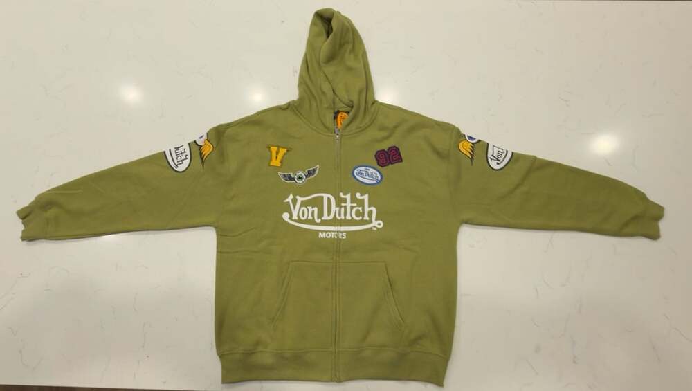 Von Dutch Embroidered Patches Full-Zip Fleece Hoodie Olive Green Size L